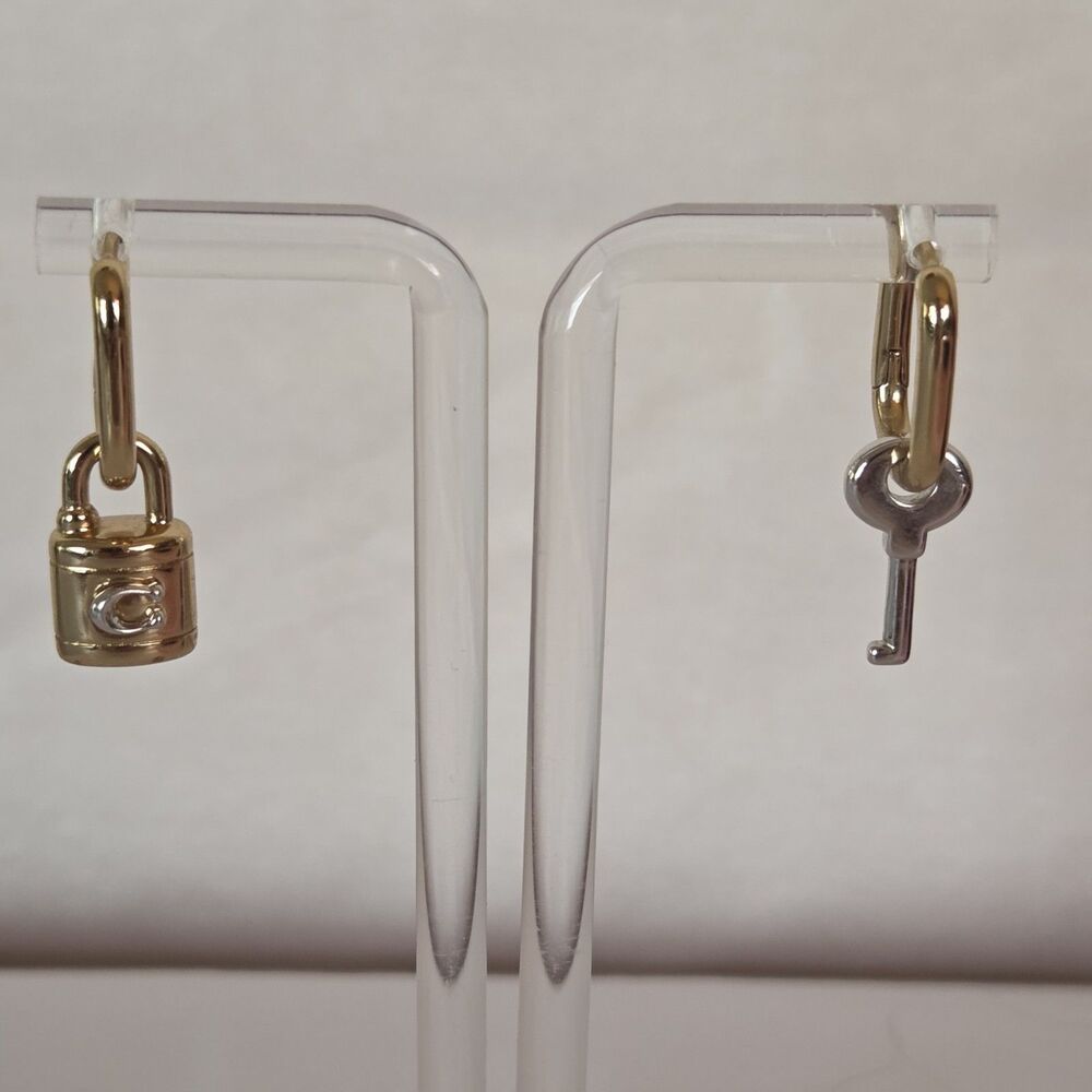 Coach Lock and Key C Logo Mismatched Hoop Earrings Gold Tone Silver Tone